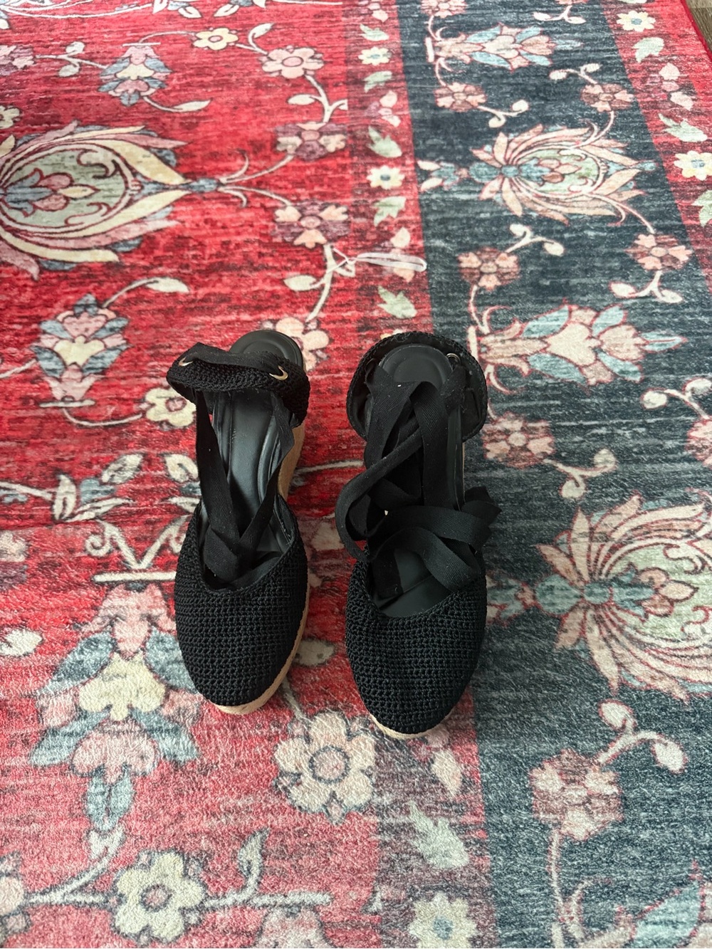 Womens Black Knit Espadrille Wedge with Ankle Wrap